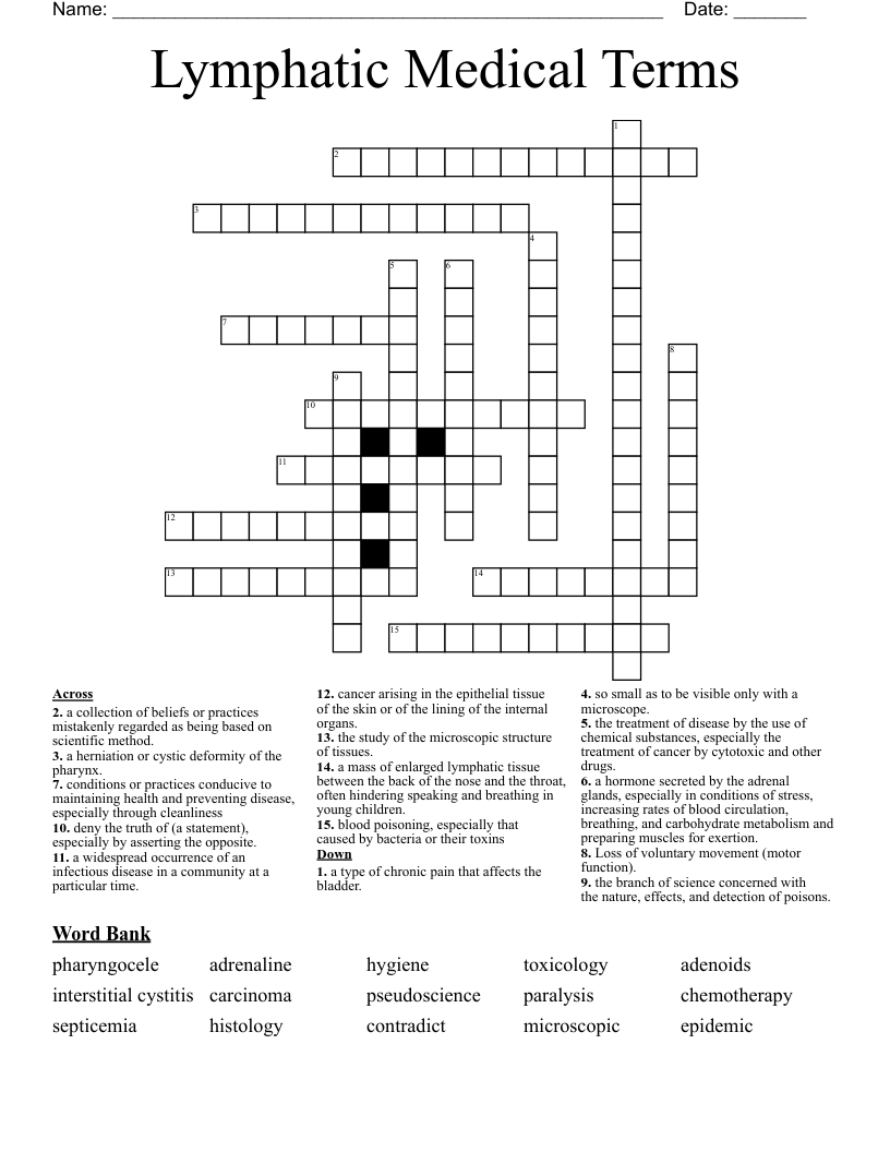 Lymphatic Medical Terms  Crossword