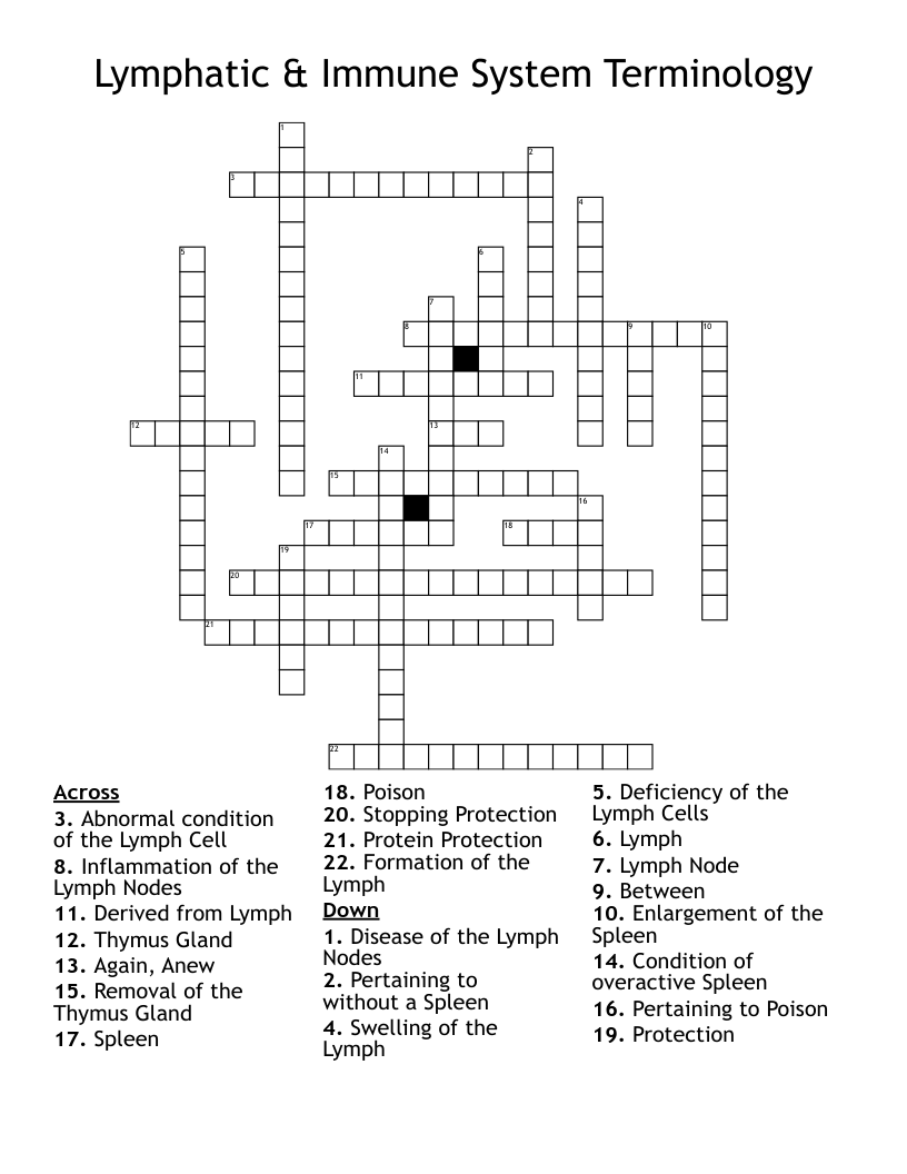 Lymphatic & Immune System Terminology Crossword
