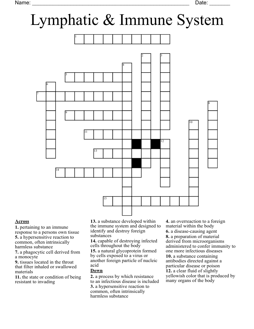 Lymphatic & Immune System  Crossword