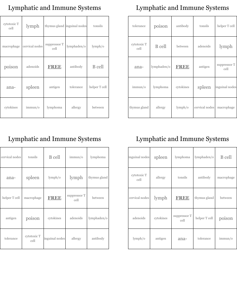 Lymphatic and Immune Systems Bingo Cards