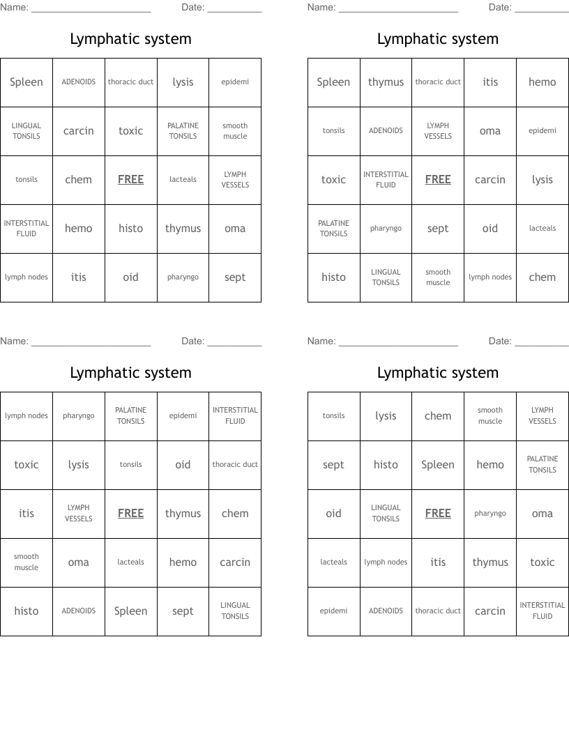 Lymphatic system Bingo Cards