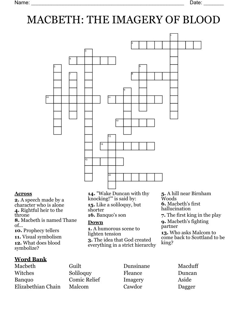 MACBETH: THE IMAGERY OF BLOOD  Crossword