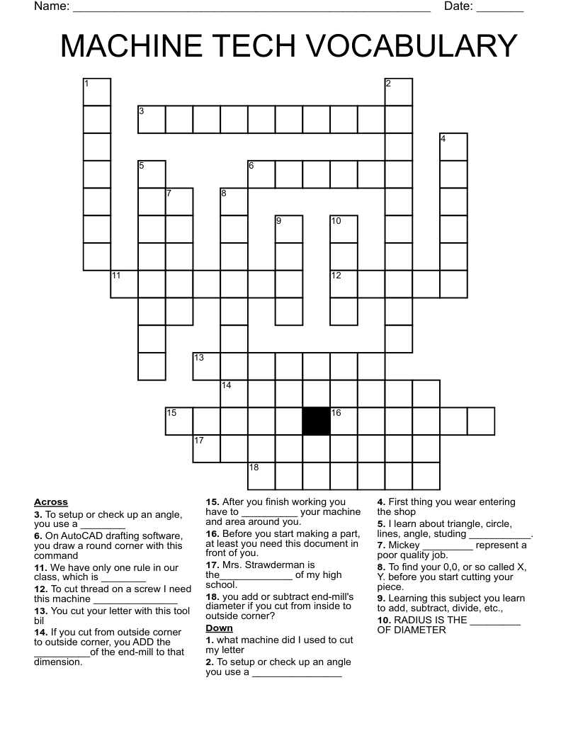 MACHINE TECH VOCABULARY Crossword