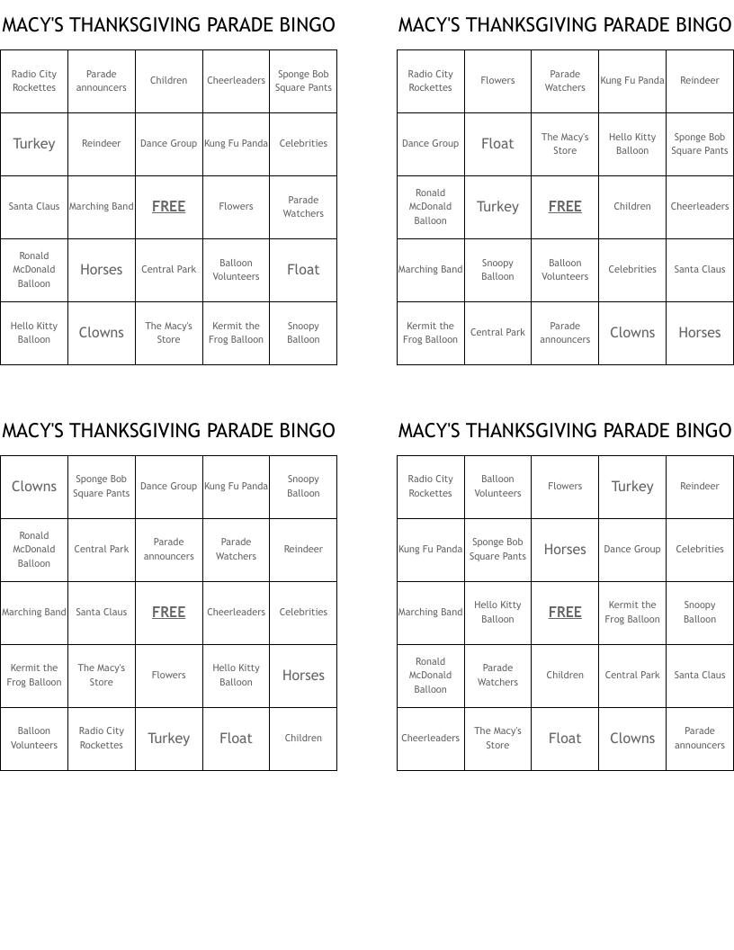 MACY'S THANKSGIVING PARADE BINGO