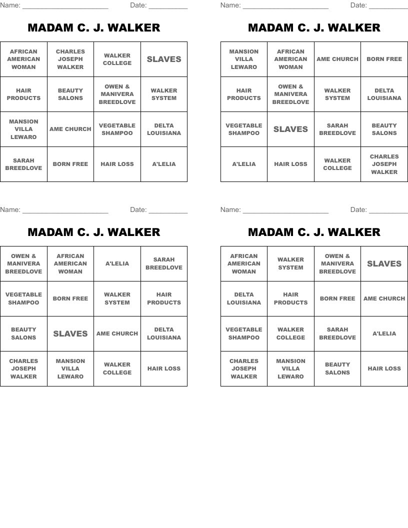 MADAM C. J. WALKER Bingo Cards