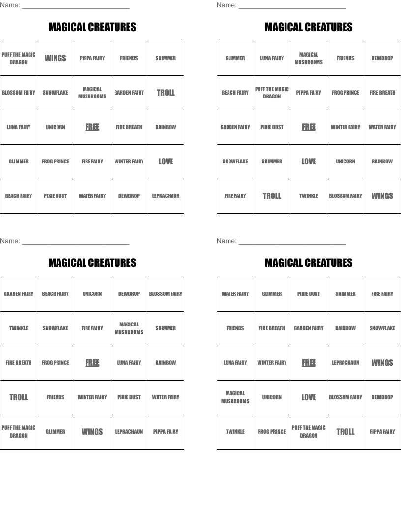 MAGICAL CREATURES Bingo Cards