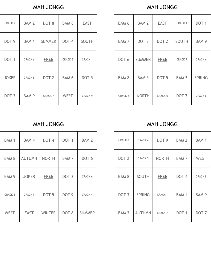 MAH          JONGG         Bingo Cards
