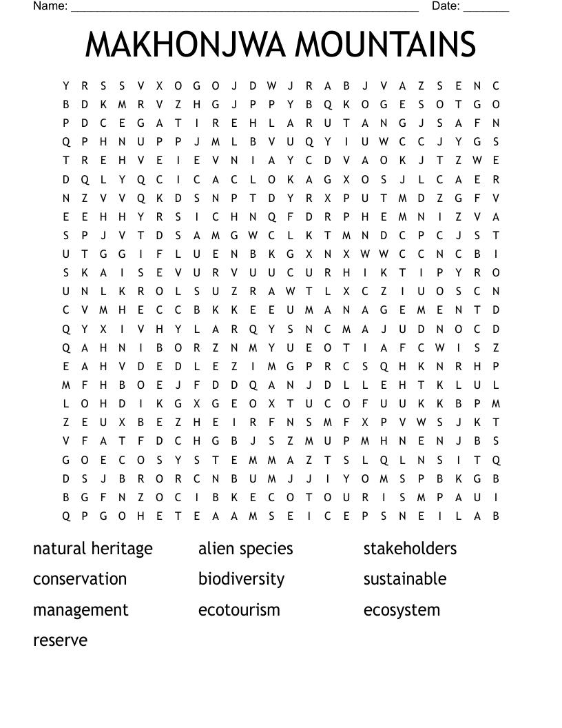 MAKHONJWA MOUNTAINS Word Search