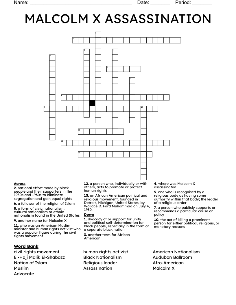 MALCOLM X ASSASSINATION Crossword