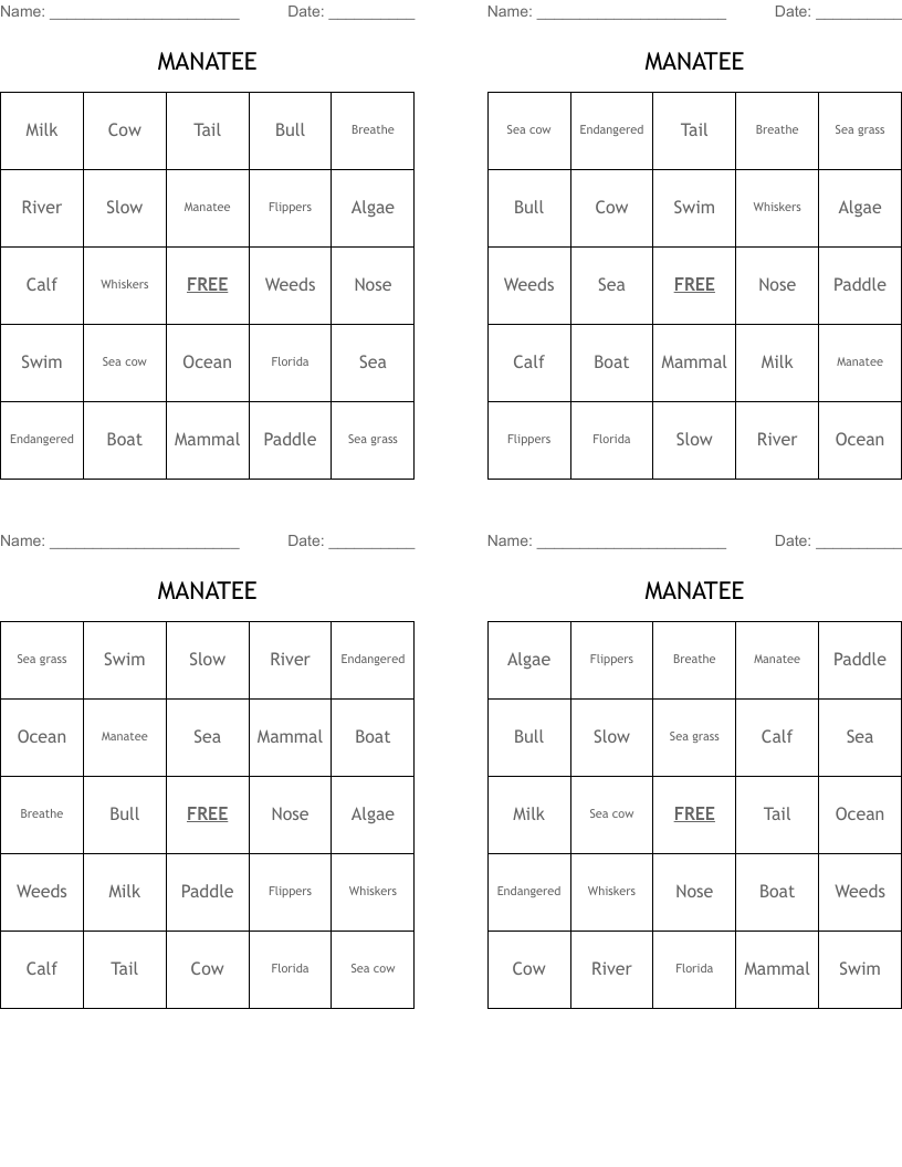 MANATEE Bingo Cards