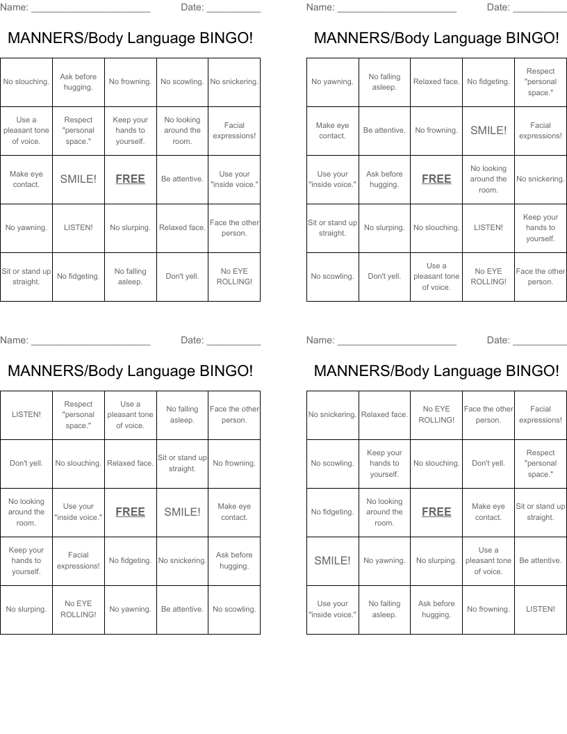 MANNERS/Body Language BINGO!