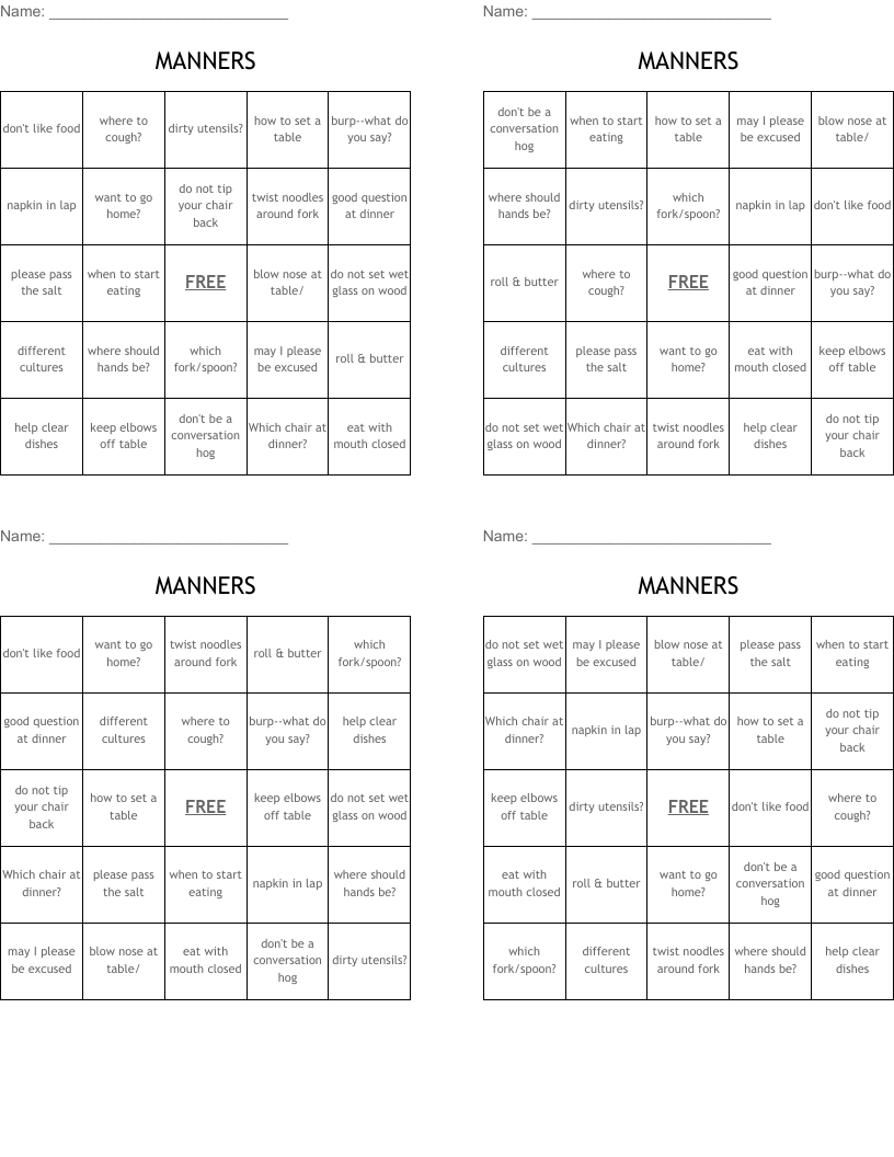 MANNERS Bingo Cards