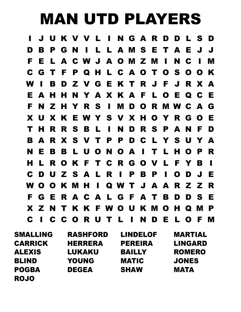MAN UTD PLAYERS Word Search