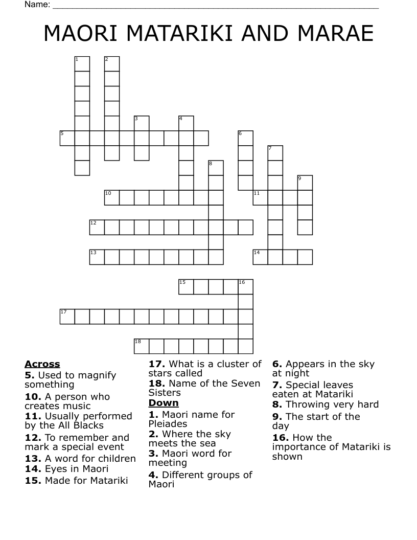 MAORI MATARIKI AND MARAE Crossword