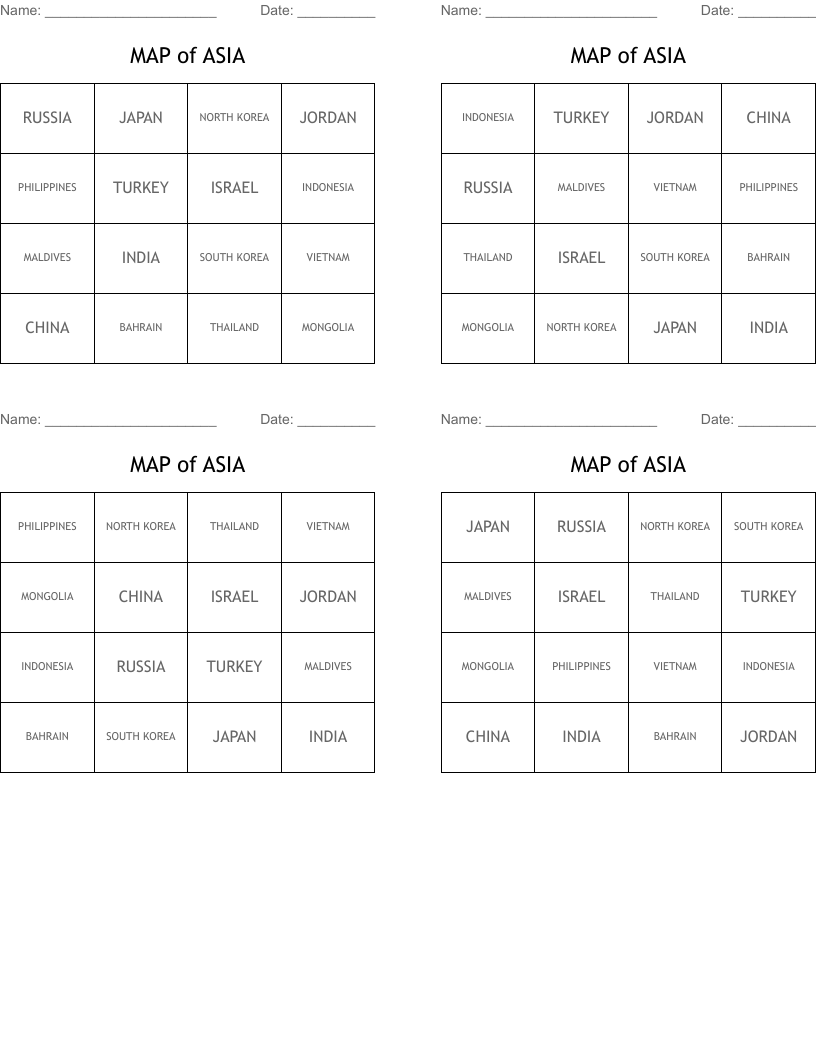 MAP of ASIA Bingo Cards