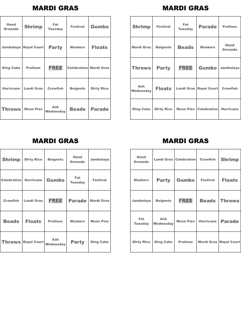 MARDI GRAS Bingo Cards