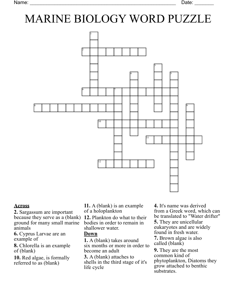 MARINE BIOLOGY WORD PUZZLE Crossword