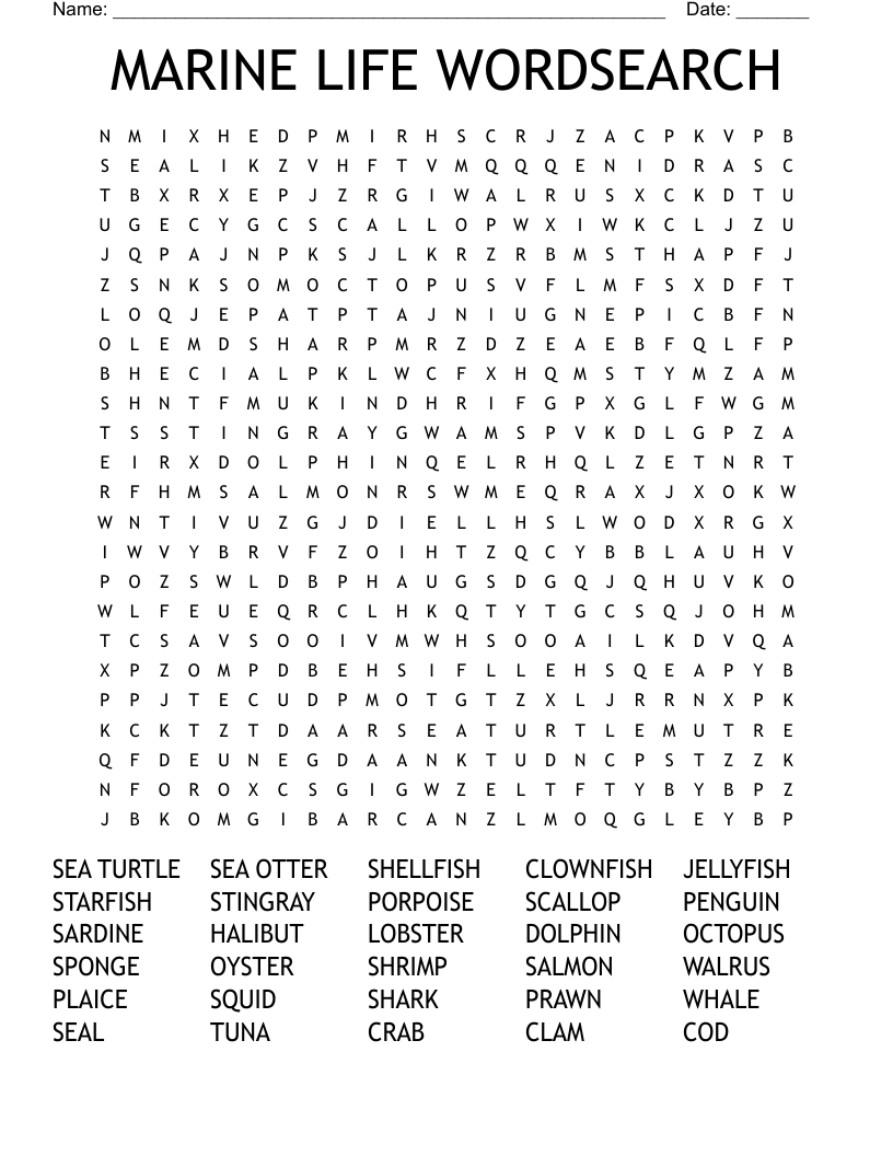 MARINE LIFE WORDSEARCH