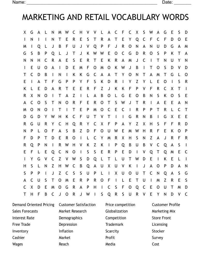 MARKETING AND RETAIL VOCABULARY WORDS Word Search