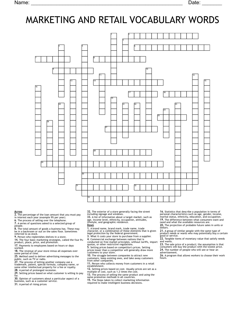 MARKETING AND RETAIL VOCABULARY WORDS Crossword