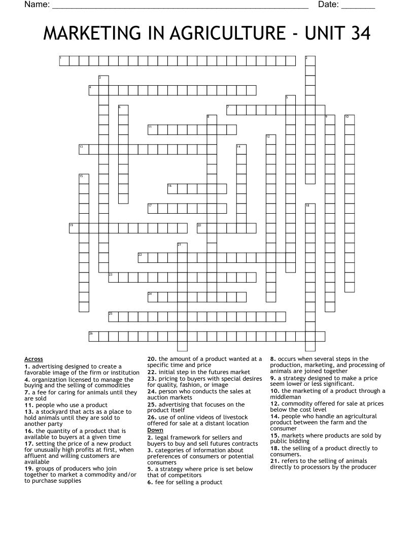 MARKETING IN AGRICULTURE - UNIT 34 Crossword