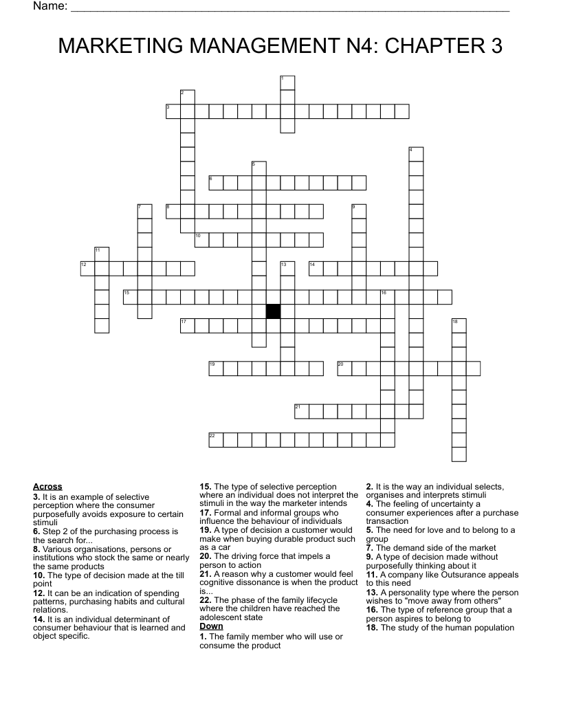 MARKETING MANAGEMENT N4: CHAPTER 3 Crossword