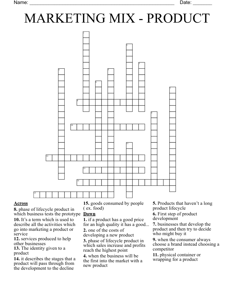 MARKETING MIX - PRODUCT Crossword
