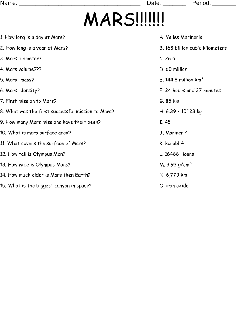 MARS!!!!!!! Worksheet