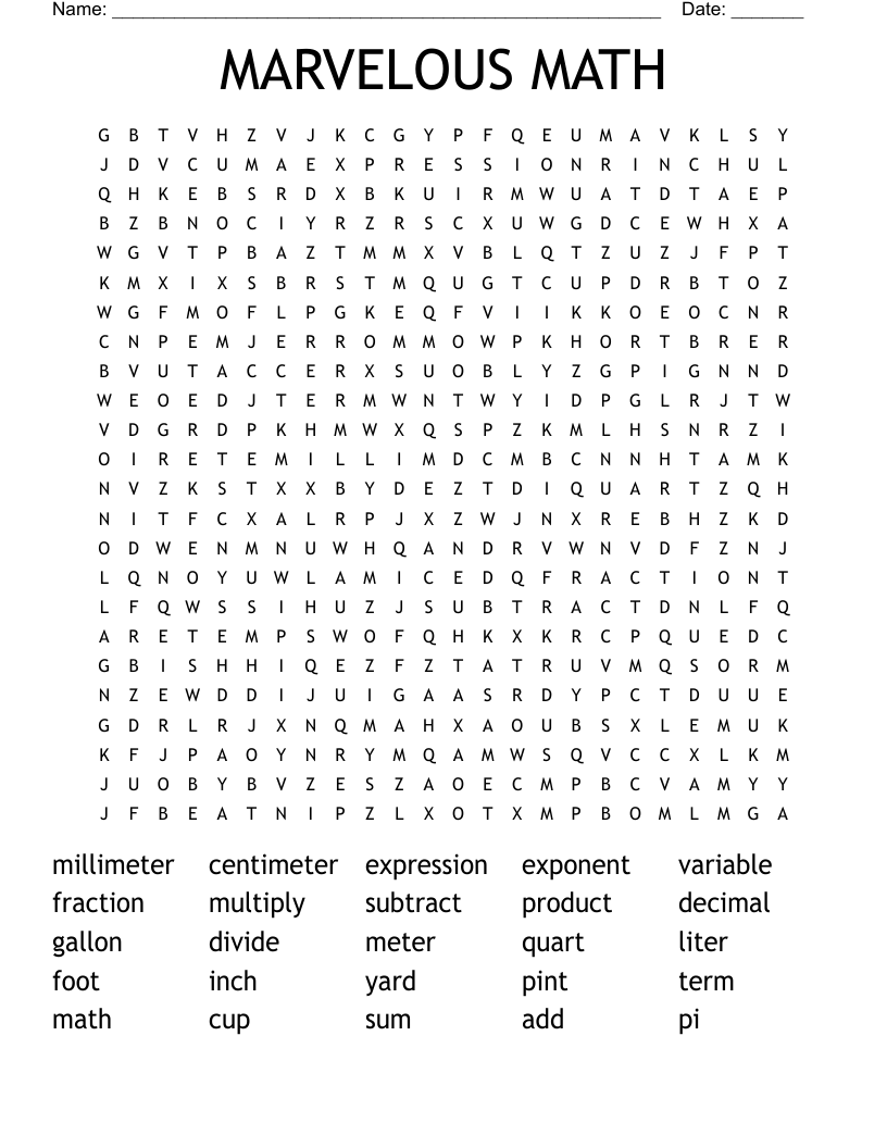 MARVELOUS MATH Word Search