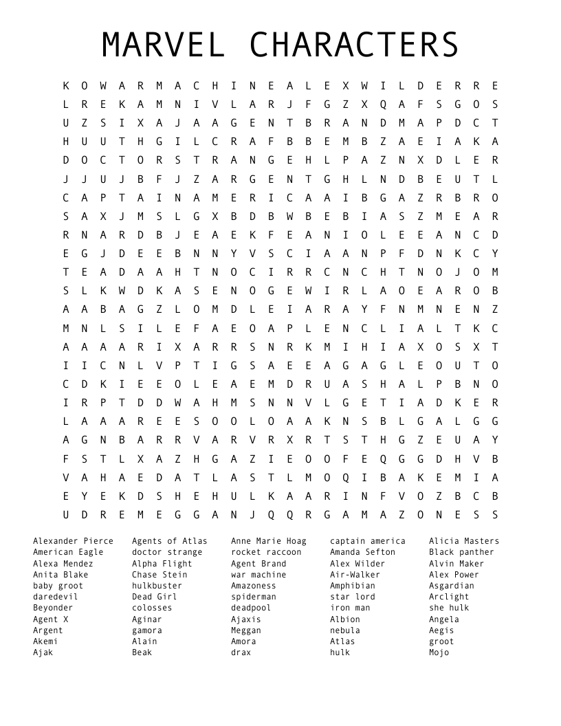 MARVEL CHARACTERS Word Search