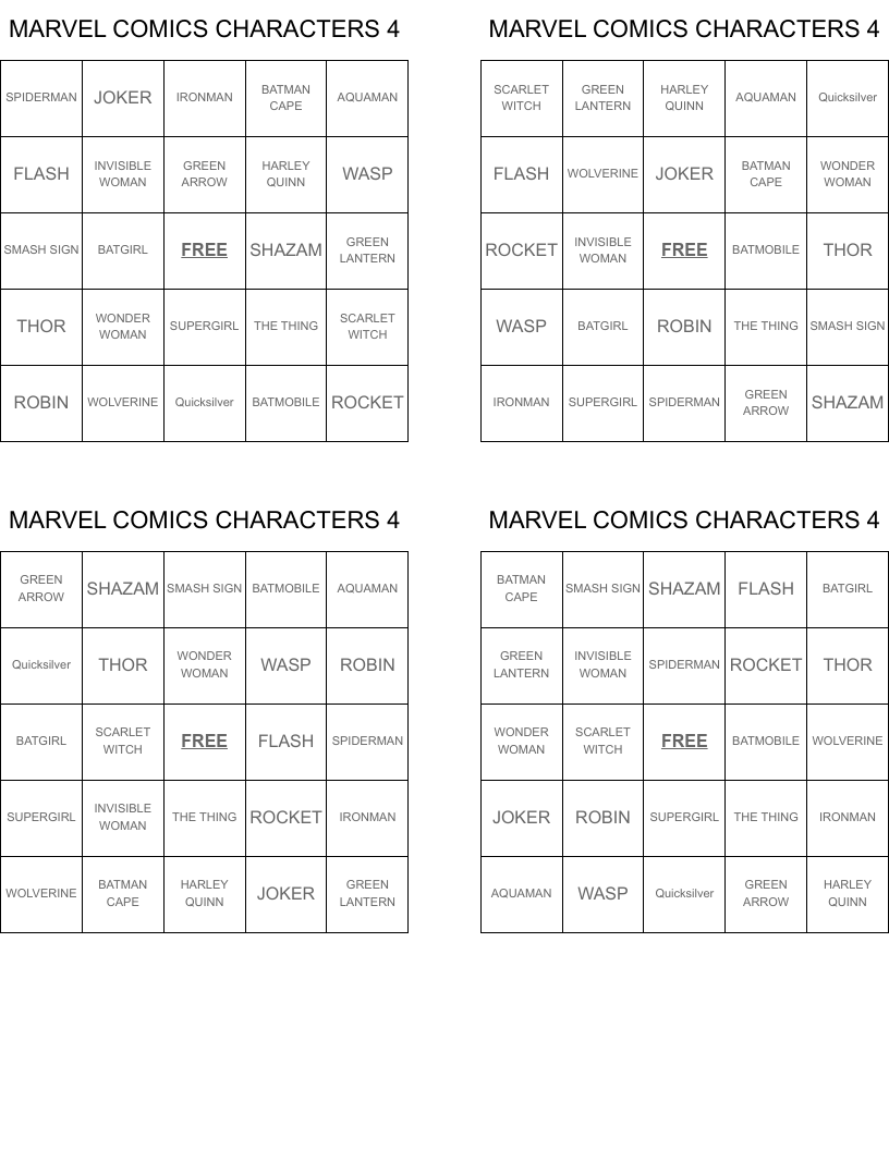 MARVEL COMICS CHARACTERS 4 Bingo Cards