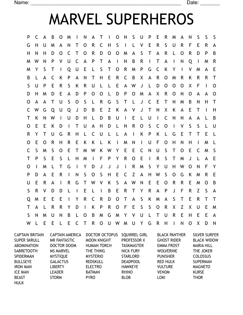 MARVEL SUPERHEROS Word Search
