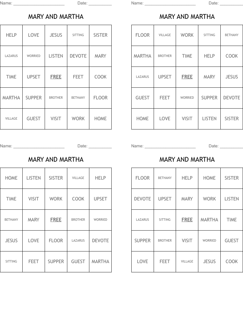 MARY AND MARTHA Bingo Cards