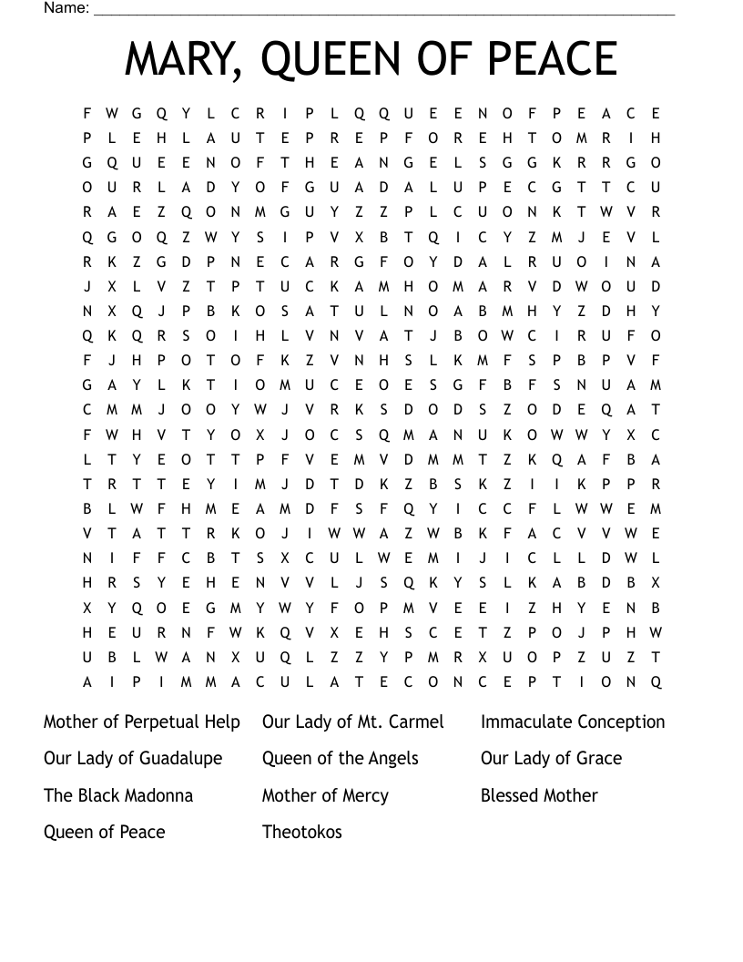 MARY, QUEEN OF PEACE Word Search