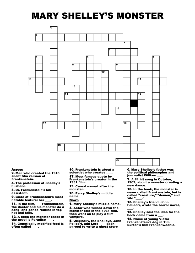 MARY SHELLEY’S MONSTER         Crossword