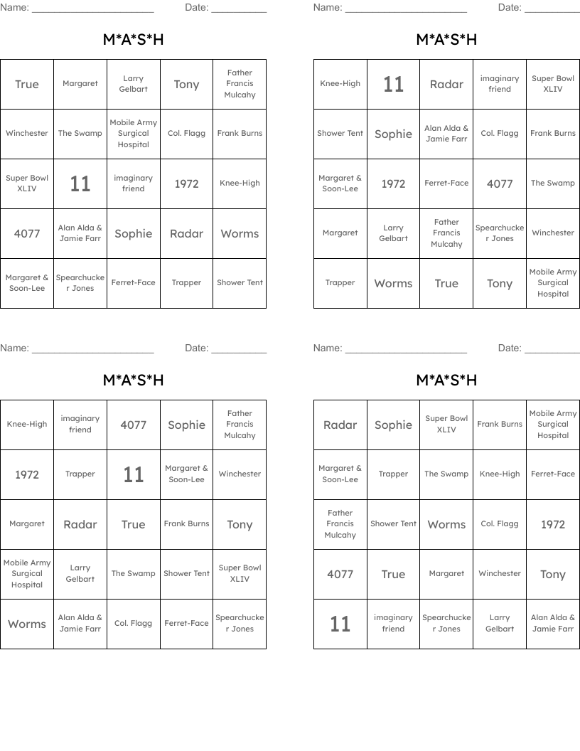 M*A*S*H Bingo Cards