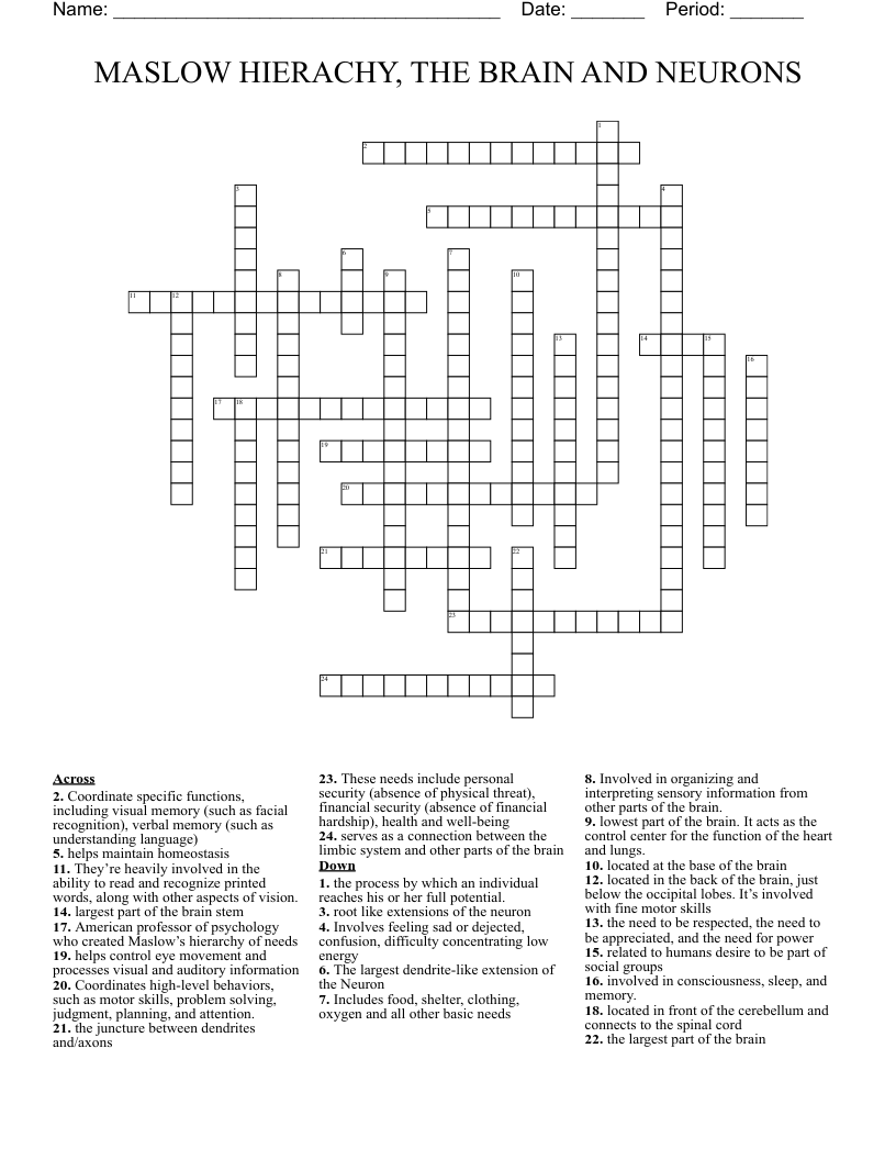 MASLOW HIERACHY, THE BRAIN AND NEURONS Crossword