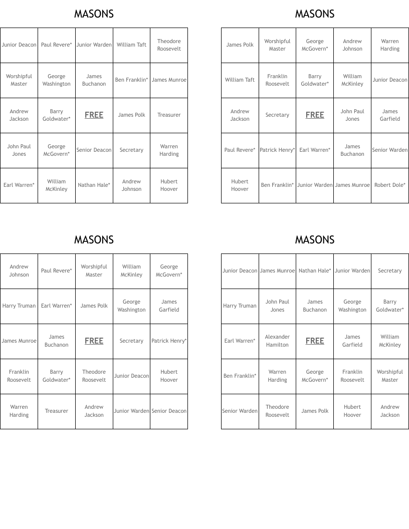 MASONS Bingo Cards