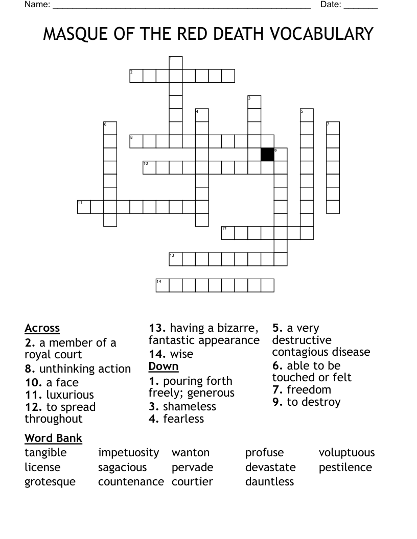 MASQUE OF THE RED DEATH VOCABULARY Crossword