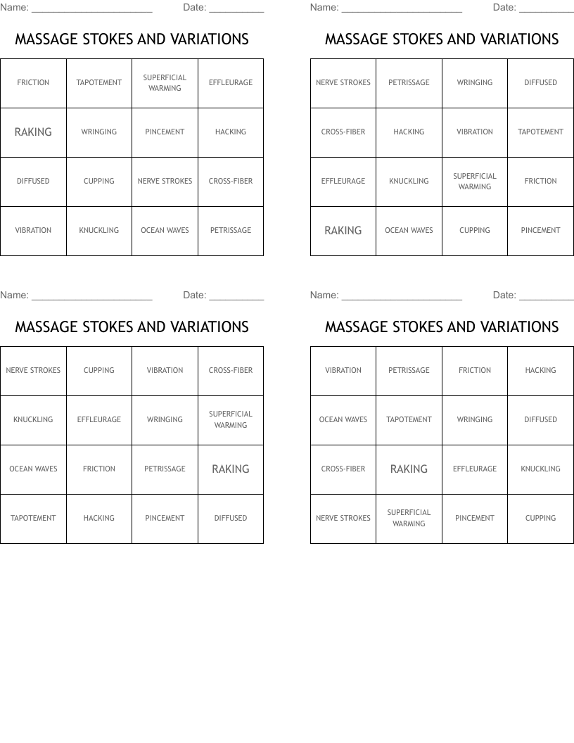 MASSAGE STOKES AND VARIATIONS Bingo Cards