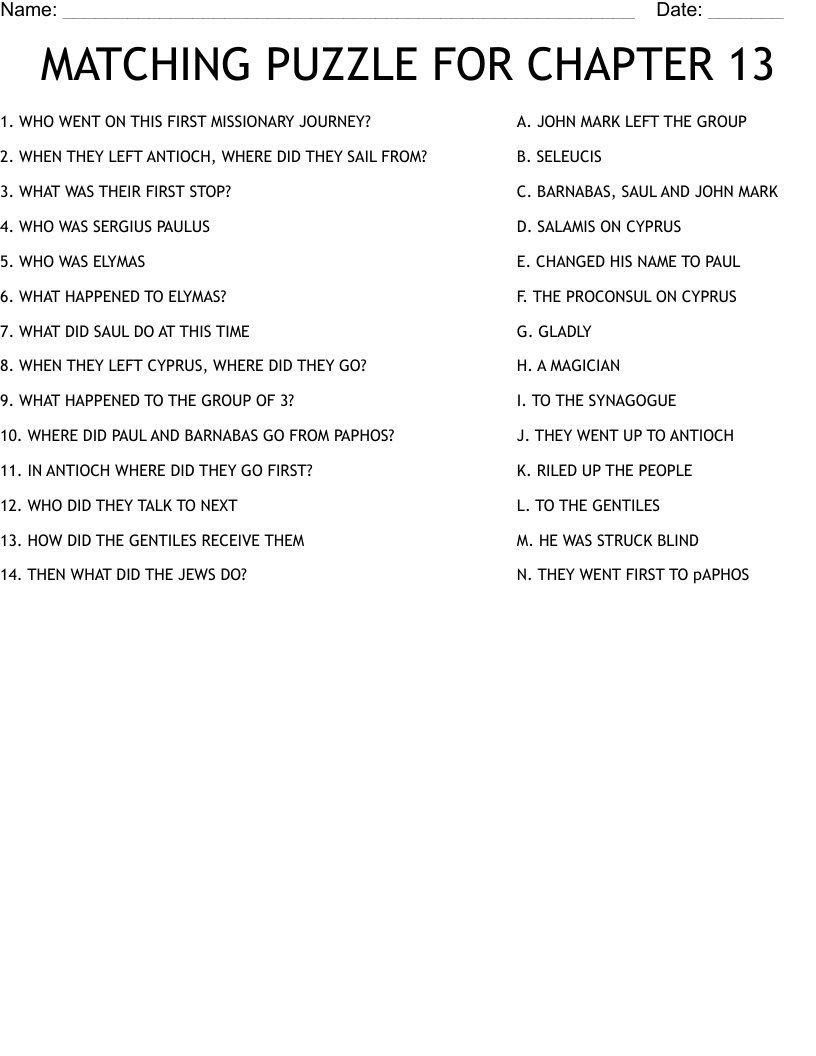 MATCHING PUZZLE FOR CHAPTER 13 Worksheet