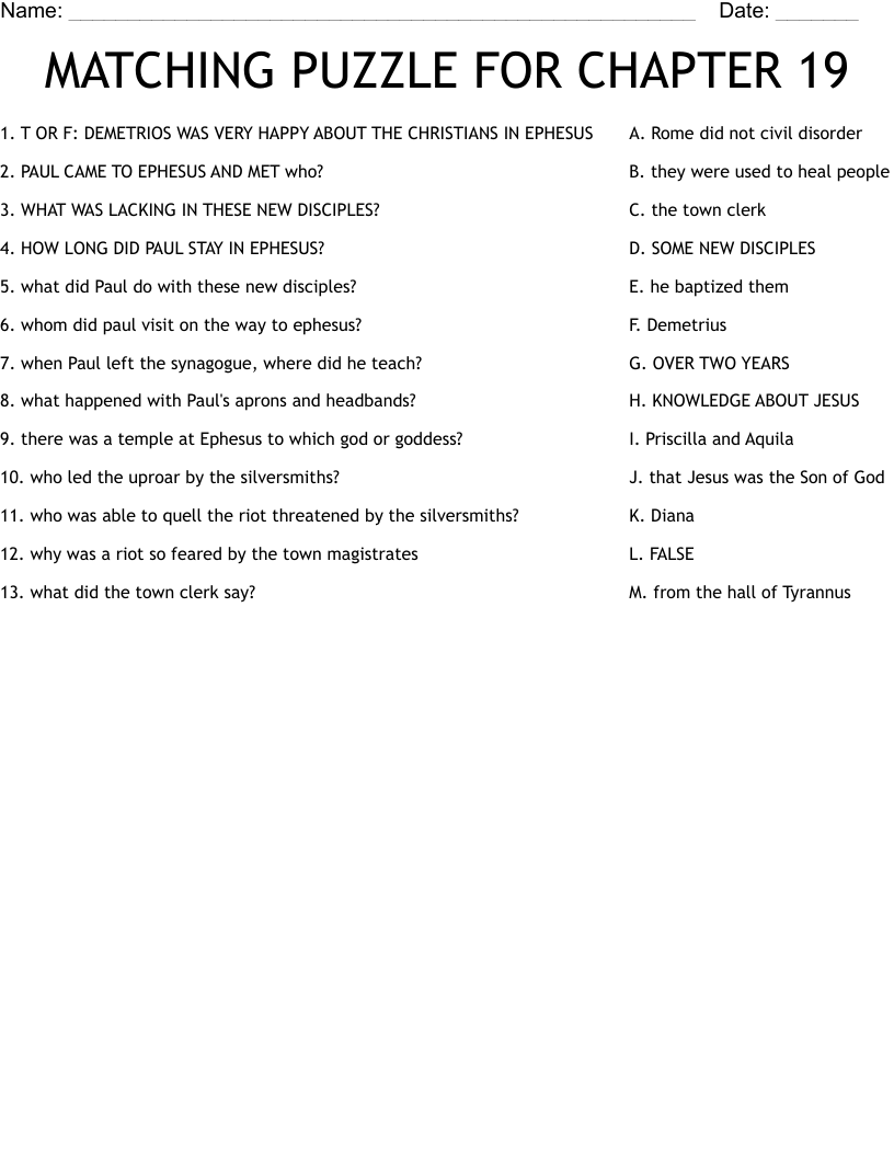 MATCHING PUZZLE FOR CHAPTER 19 Worksheet