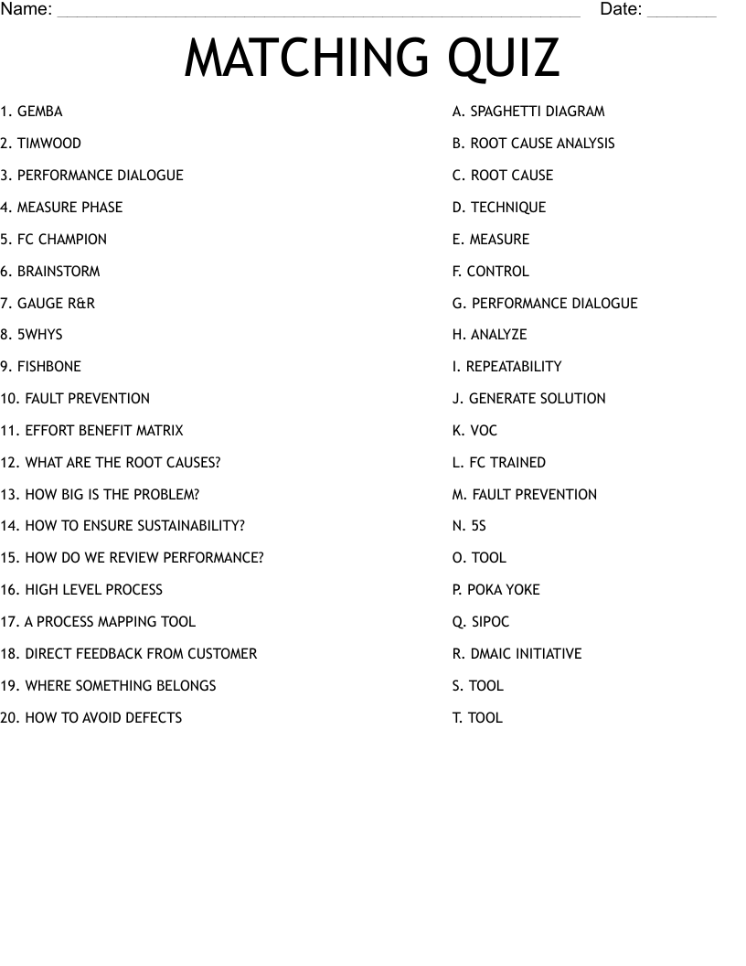 MATCHING QUIZ Worksheet
