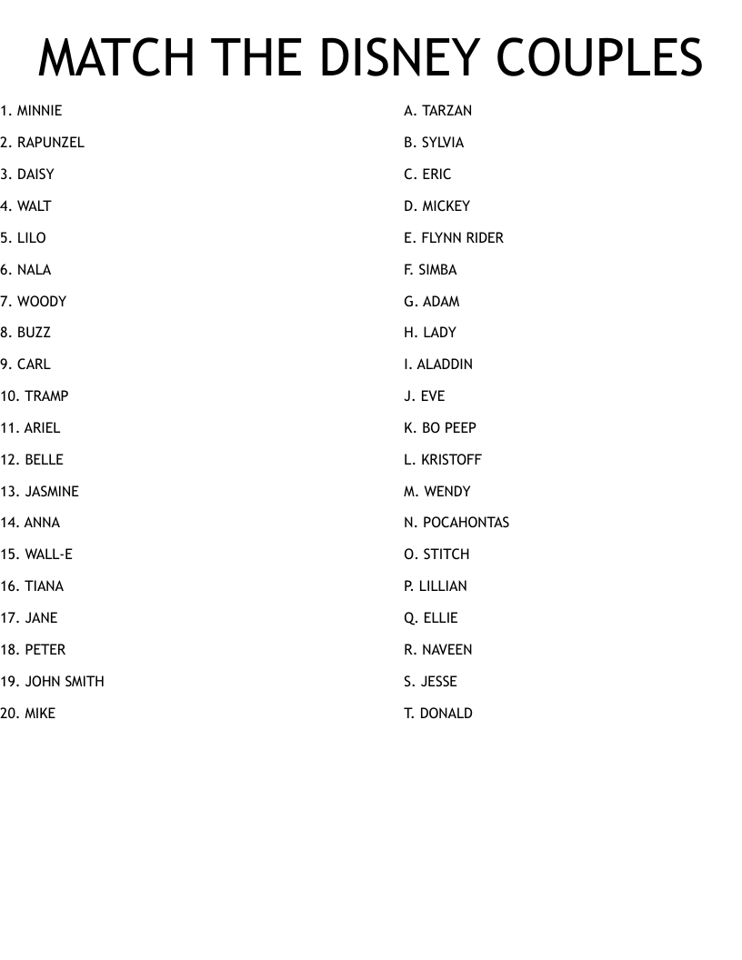MATCH THE DISNEY COUPLES Worksheet