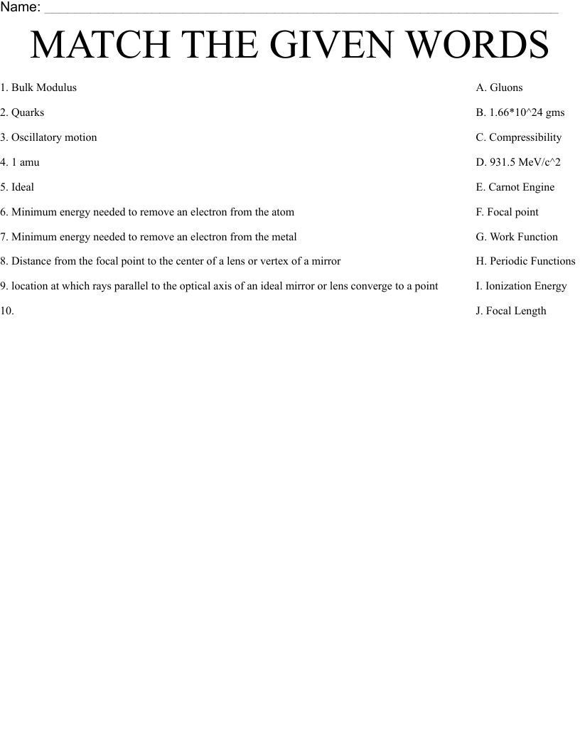 MATCH THE GIVEN WORDS Worksheet
