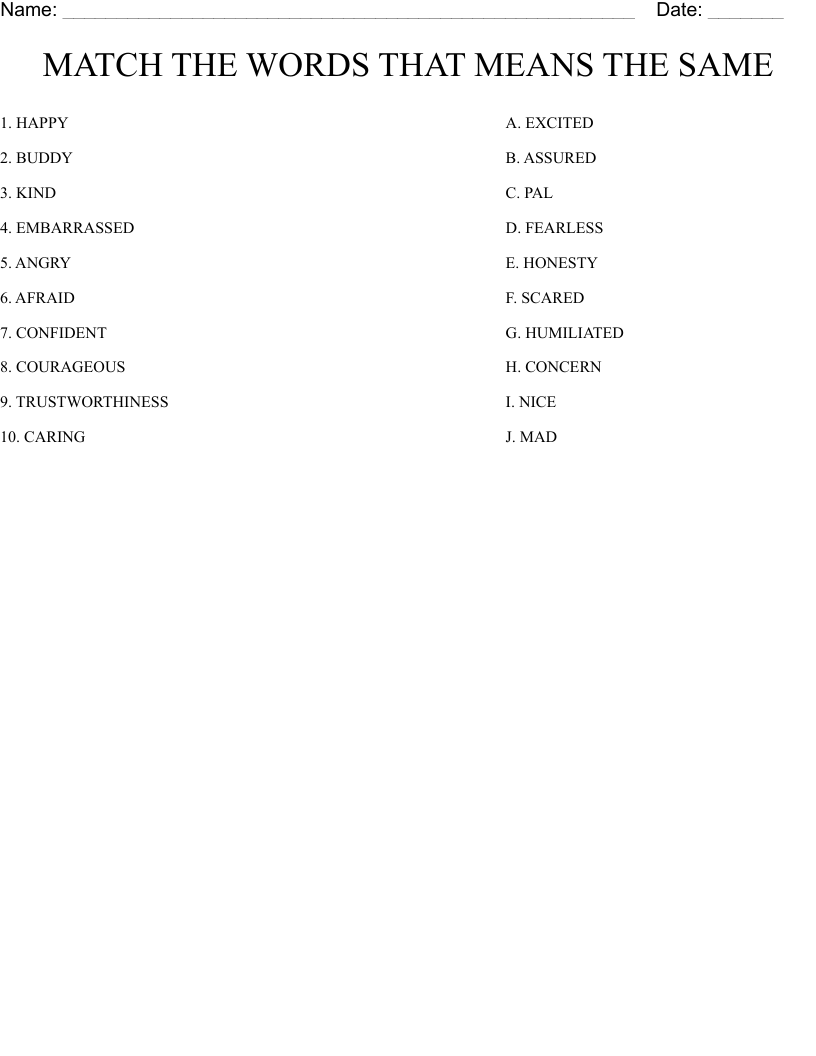 MATCH THE WORDS THAT MEANS THE SAME Worksheet