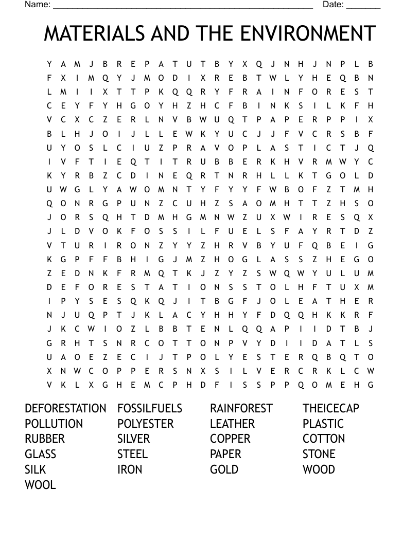 MATERIALS AND THE ENVIRONMENT Word Search
