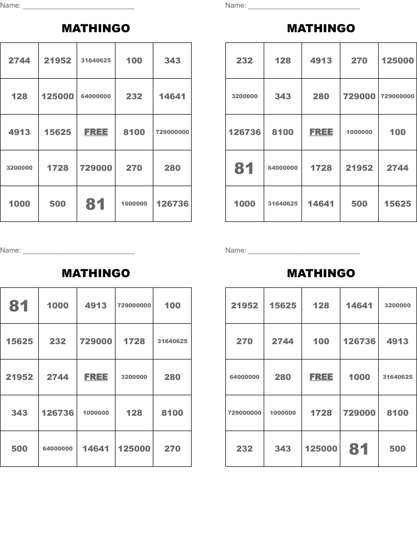 MATHINGO Bingo Cards