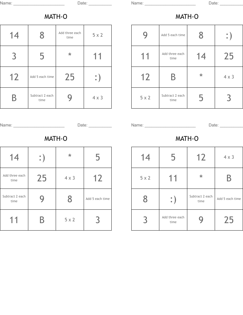 MATH-O Bingo Cards