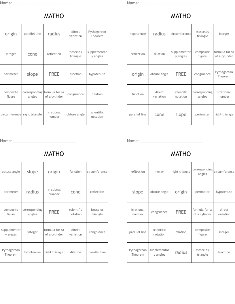 MATHO Bingo Cards